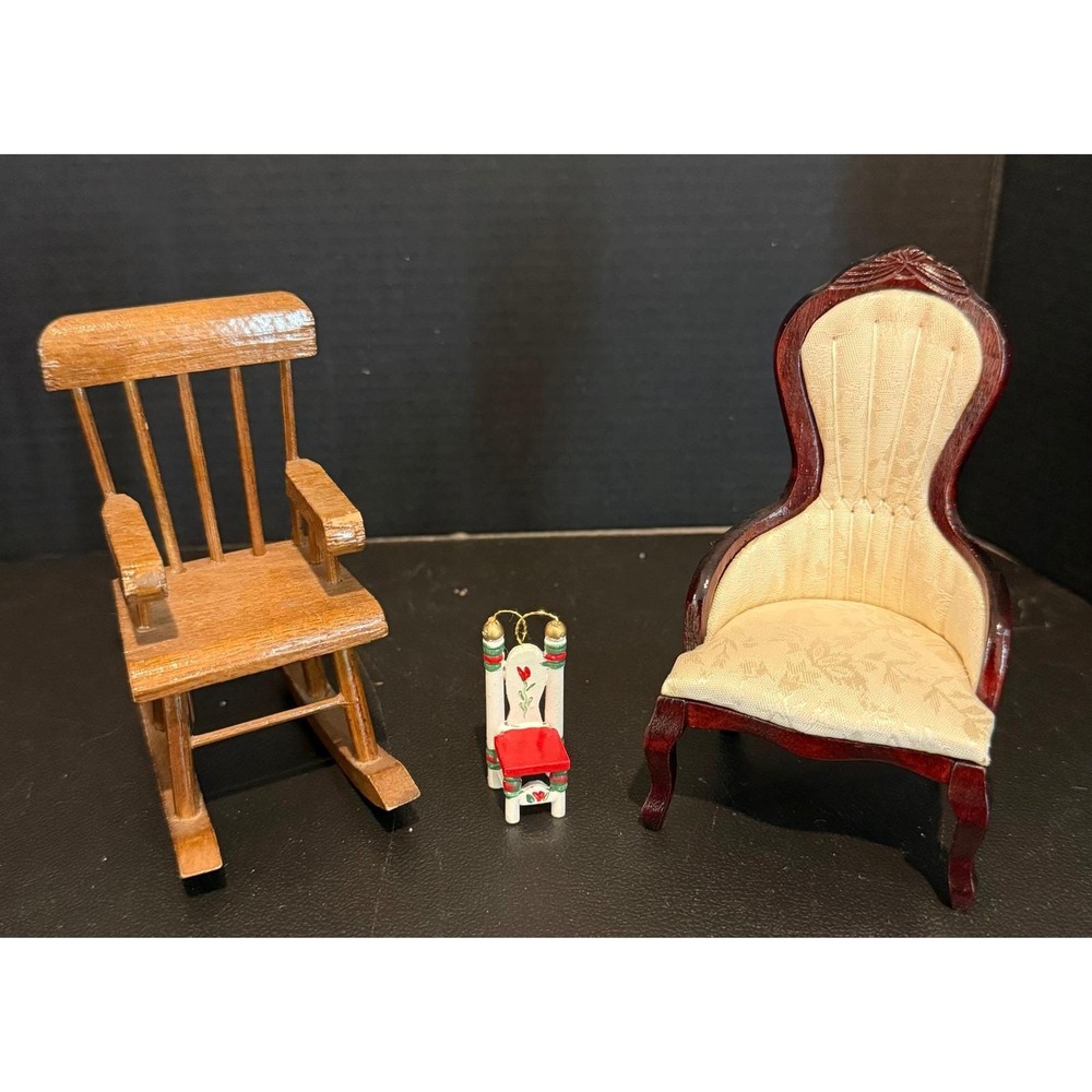 Miniature Dollhouse Furniture 3 Piece Wood Wingback Upholstered Rocking Chair